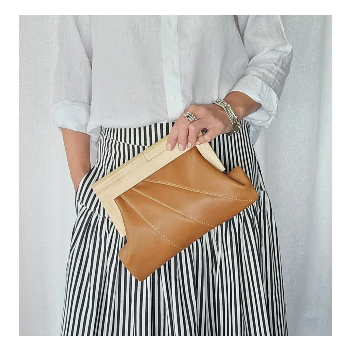 Caramel Leather & Timber Clutch