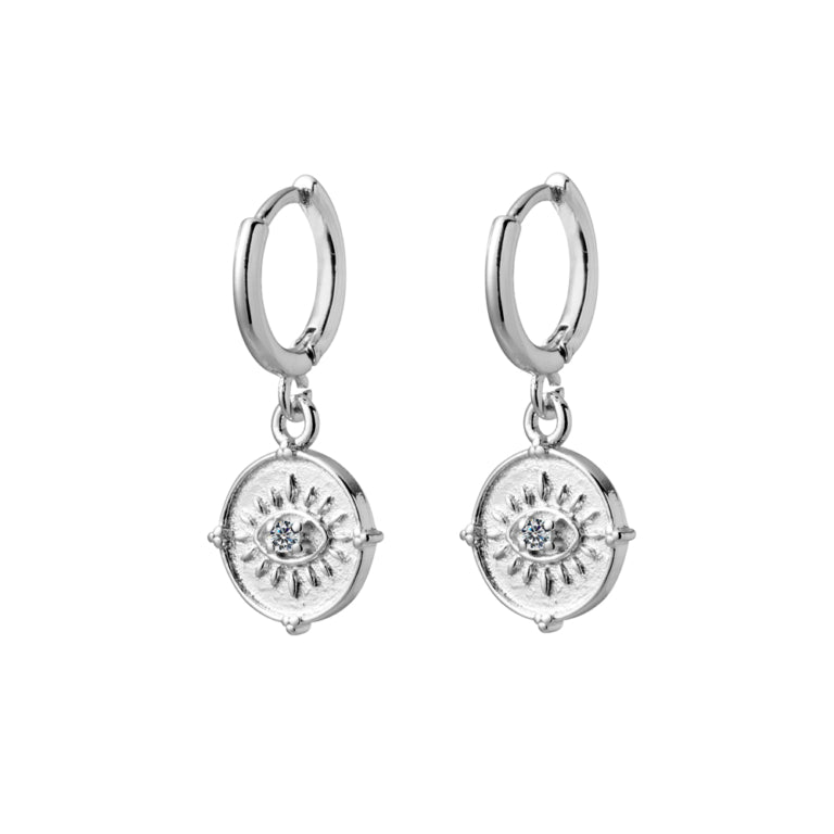 Sterling silver huggie earrings with textured CZ circle drop