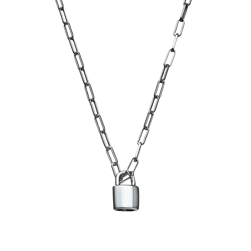 Sterling silver 5MM oblong chain link necklace with padlock charm