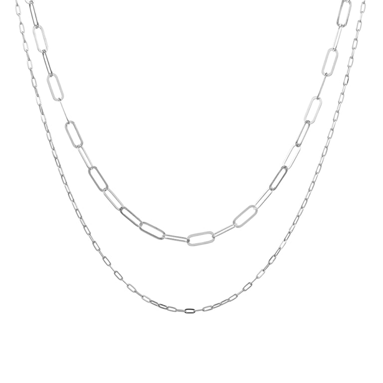 Sterling silver tiered double necklace – paperclip link and fine open cable chain