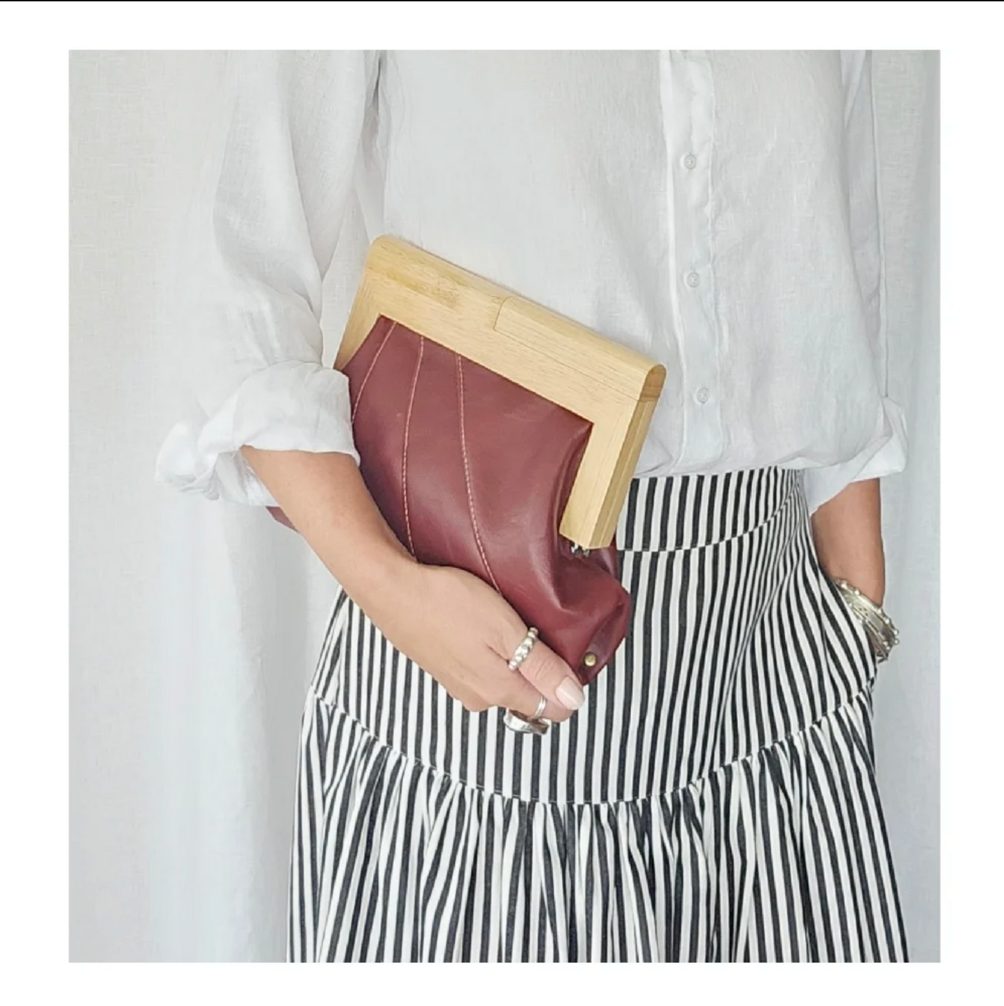 Burgundy Leather & Timber Clutch