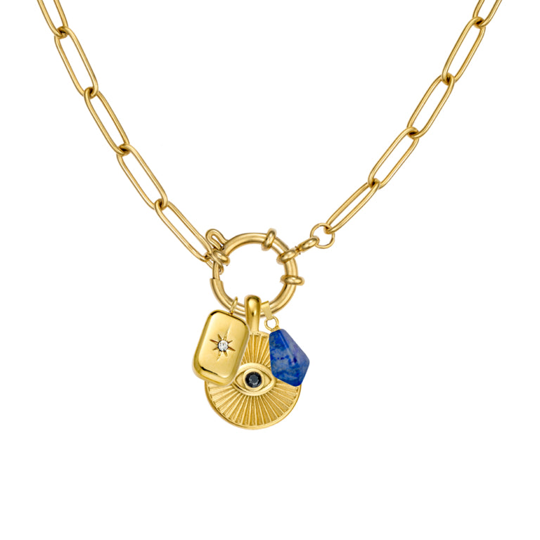 Seren stainless steel gold plated 44CM paperclip chain necklace with 3 charms