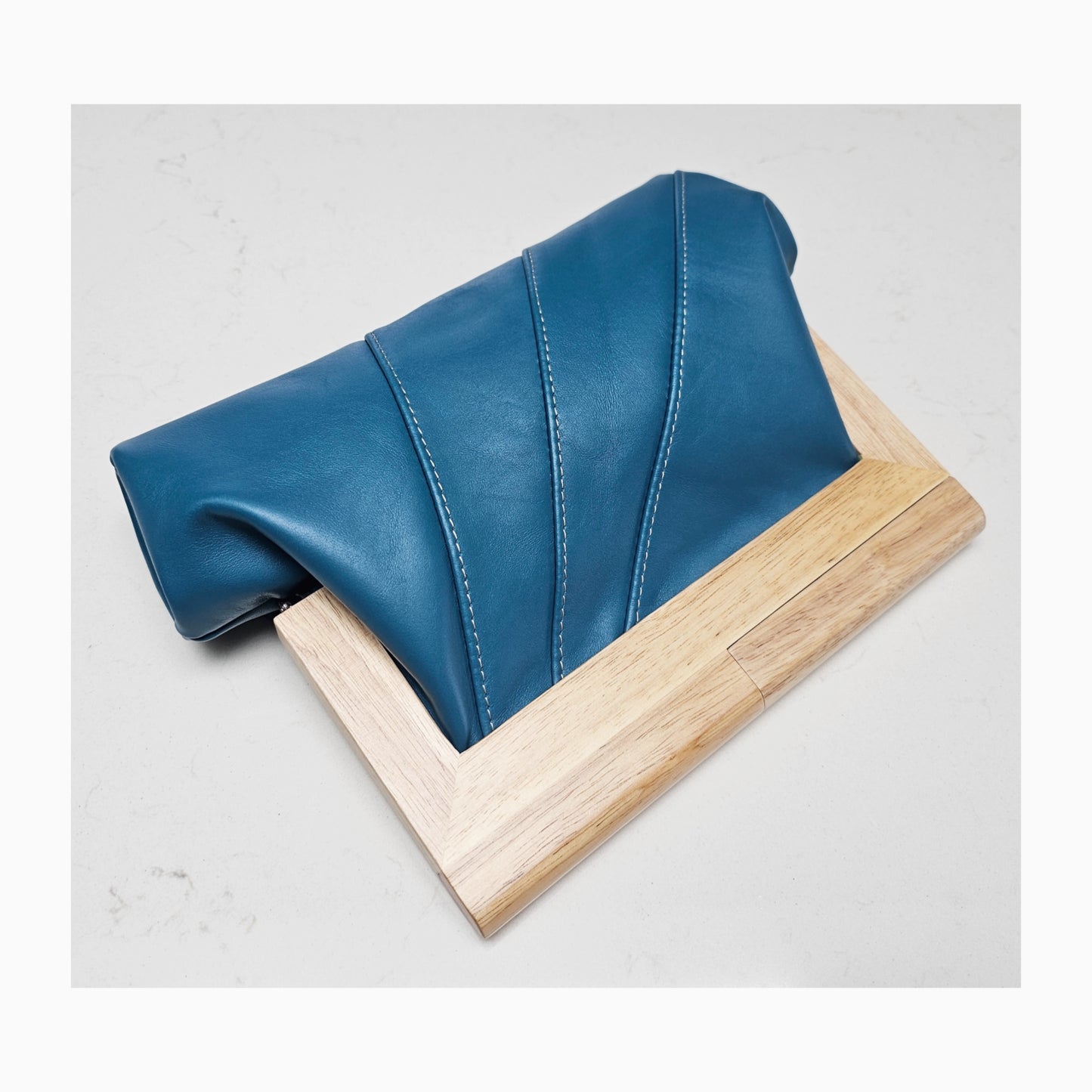 Teal Leather & Timber Clutch