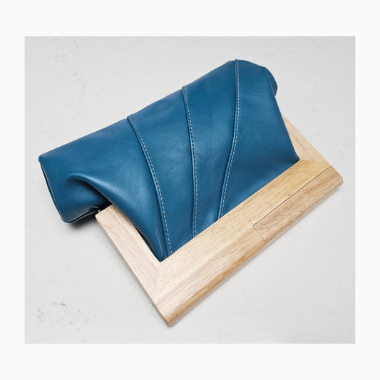 Teal Leather & Timber Clutch