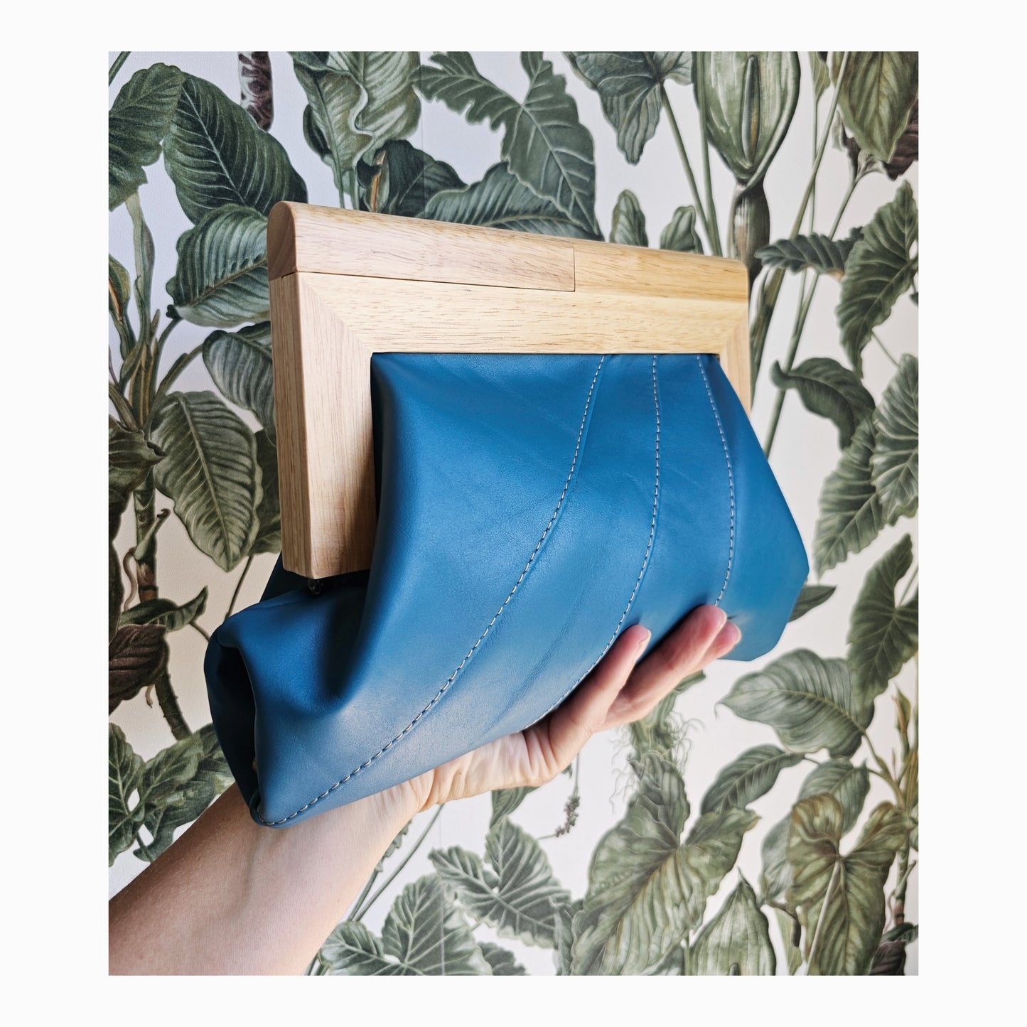 Teal Leather & Timber Clutch