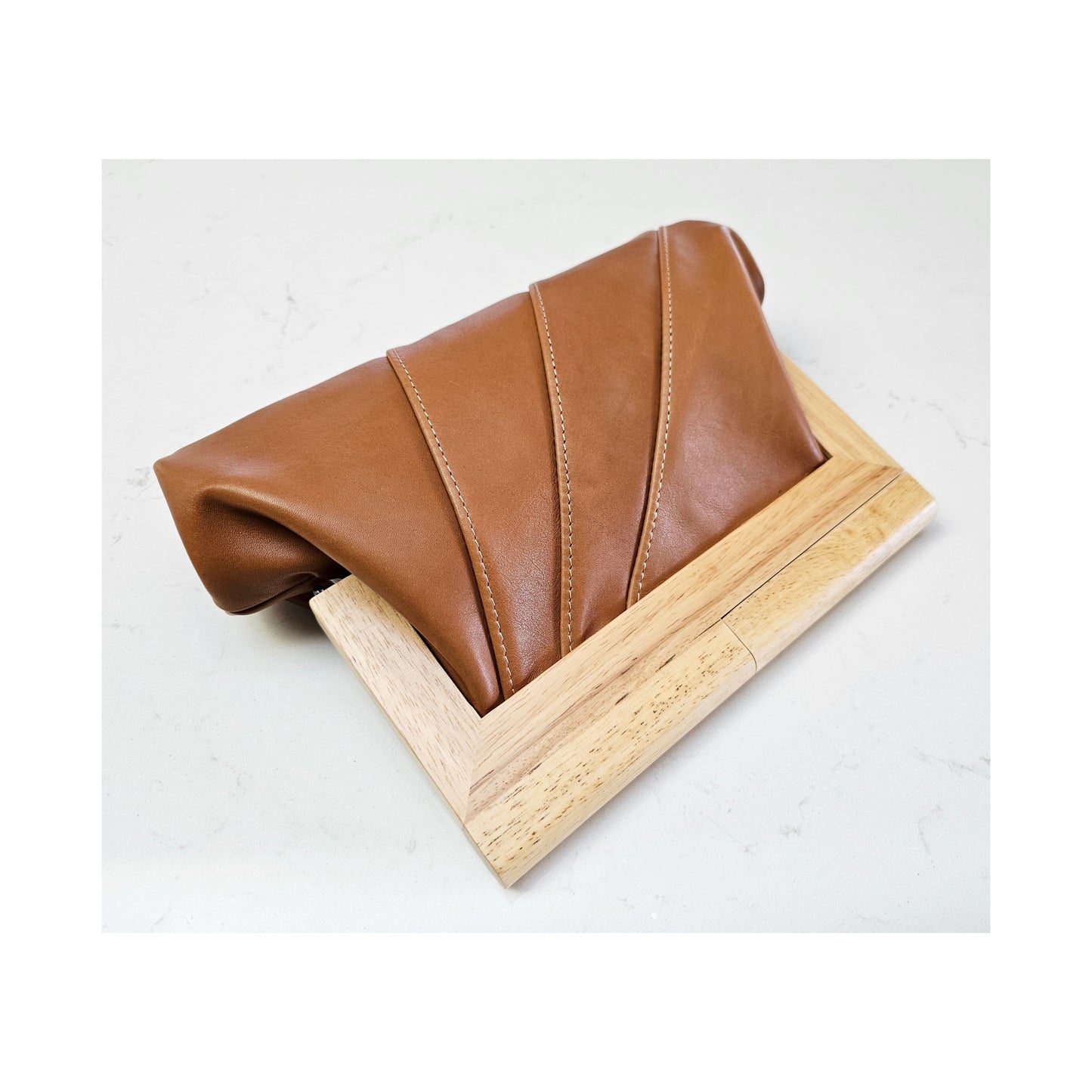 Caramel Leather & Timber Clutch
