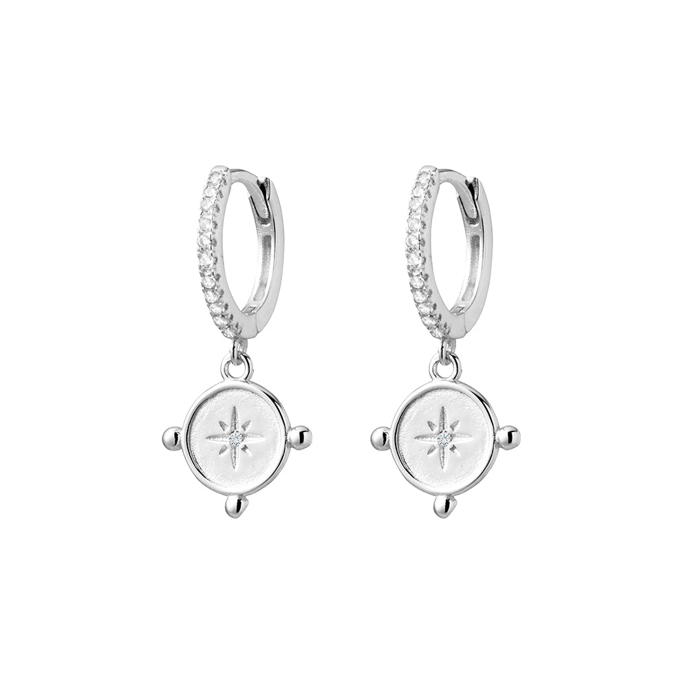 Sterling silver pave set CZ huggie earrings with North Star circle drop
