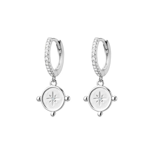 Sterling silver pave set CZ huggie earrings with North Star circle drop