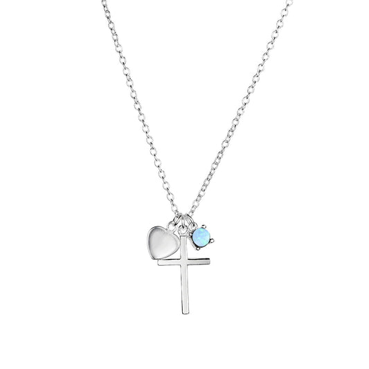 Sterling silver heart, cross and light blue opalite charm necklace