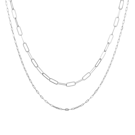 Sterling silver tiered double necklace – paperclip link and fine open cable chain