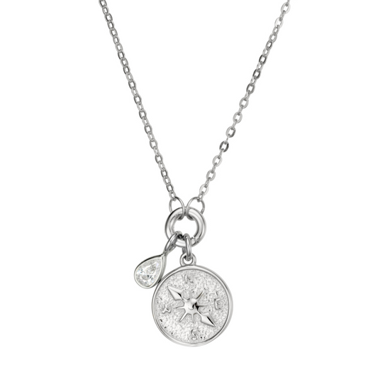 Sterling silver compass & teardrop CZ pendant necklace