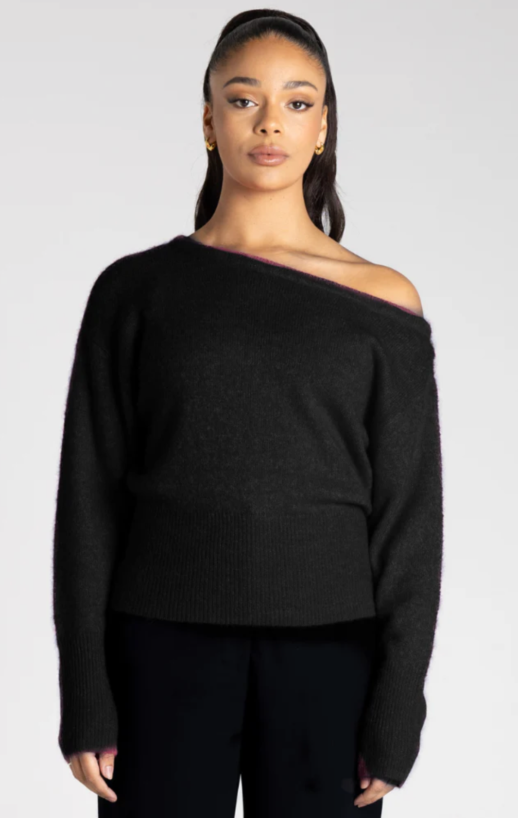 Two T's Off the Shoulder Fluffy Knit Black