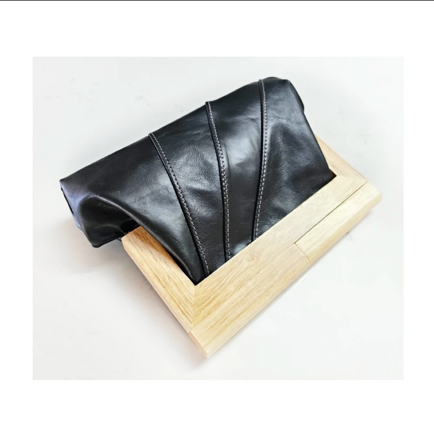 Black Leather & Timber Clutch