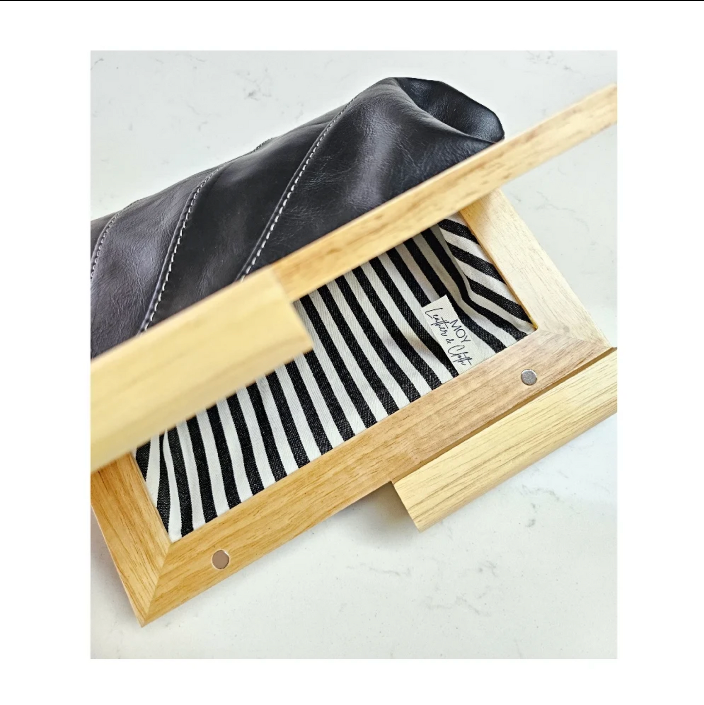 Black Leather & Timber Clutch