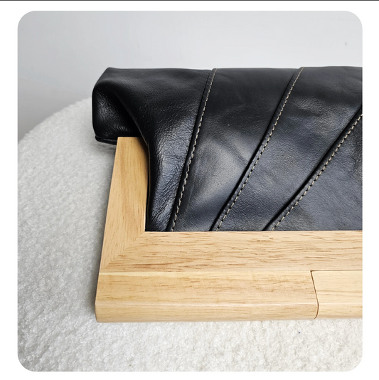 Black Leather & Timber Clutch