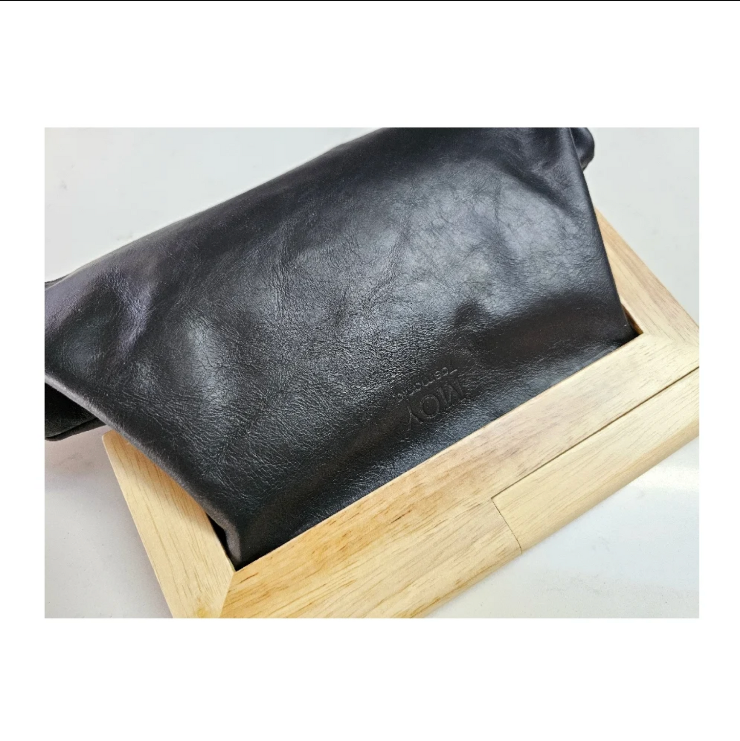Black Leather & Timber Clutch