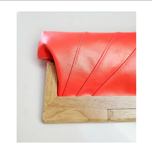 Neon Pink Leather & Timber Clutch