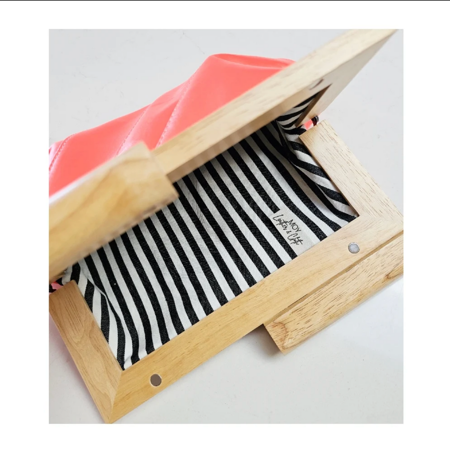 Neon Pink Leather & Timber Clutch
