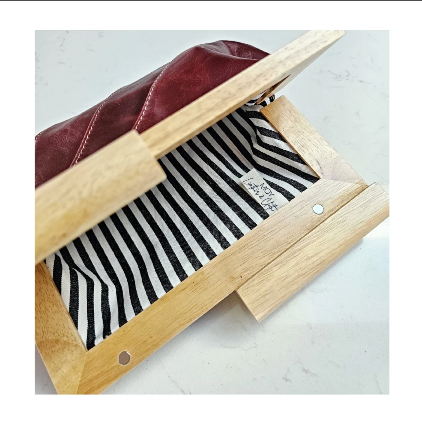 Burgundy Leather & Timber Clutch