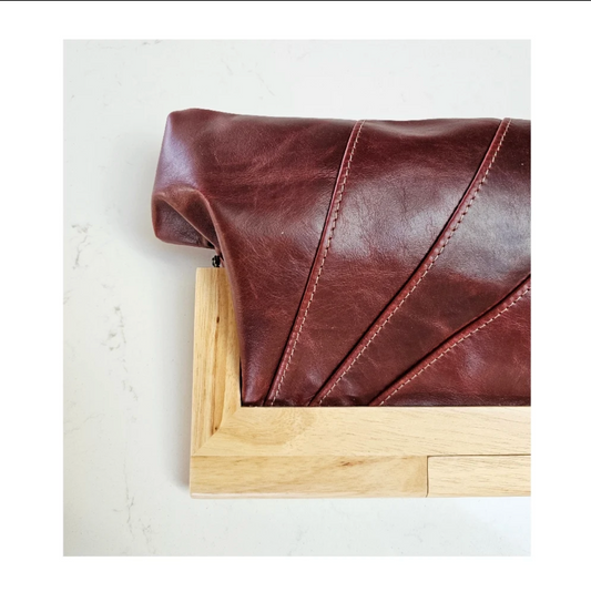 Burgundy Leather & Timber Clutch
