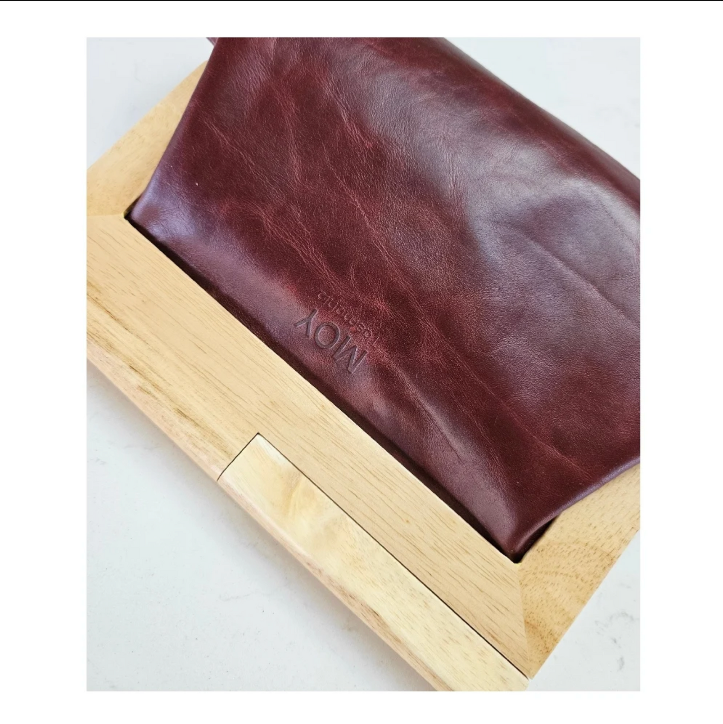 Burgundy Leather & Timber Clutch
