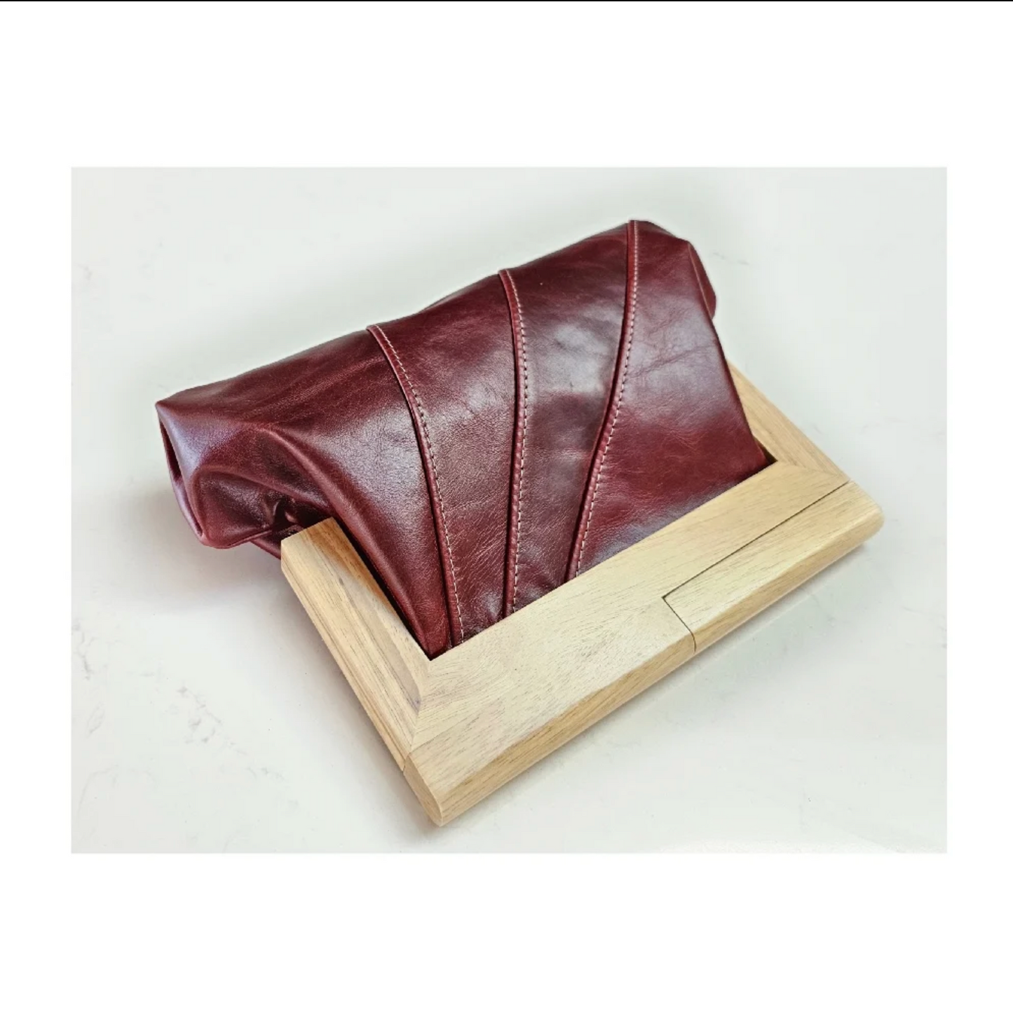 Burgundy Leather & Timber Clutch