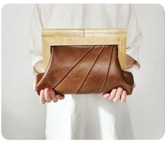 Cognac Leather & Timber Clutch