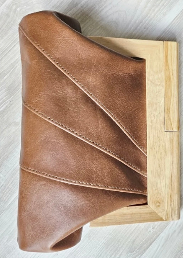 Cognac Leather & Timber Clutch