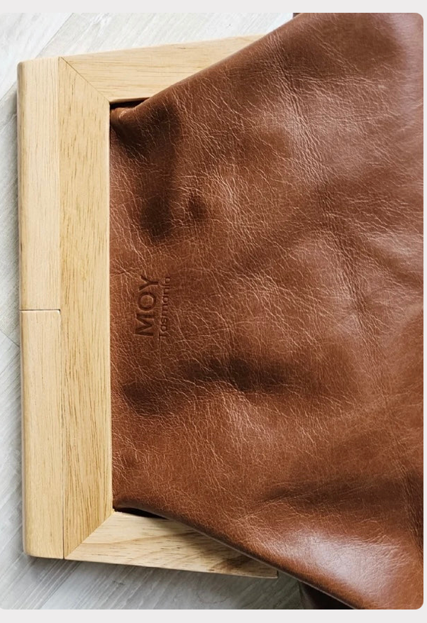 Cognac Leather & Timber Clutch